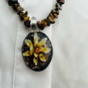 Brown and Yellow Floral Pendant murono glass. Necklace tiger eye stone beads